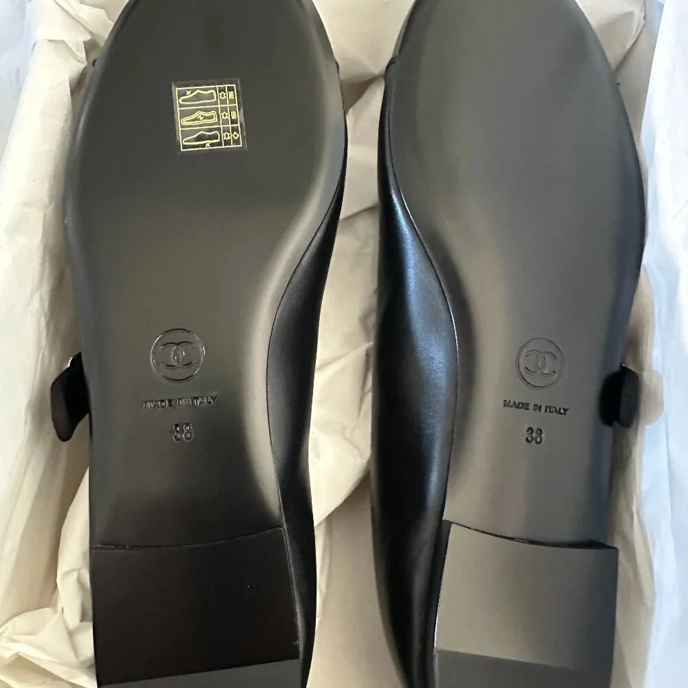 CHANEL REV CC Logo Leather Mary Jane Ankle Strap Flat Ballerina Shoes Black - Picture 14 of 15